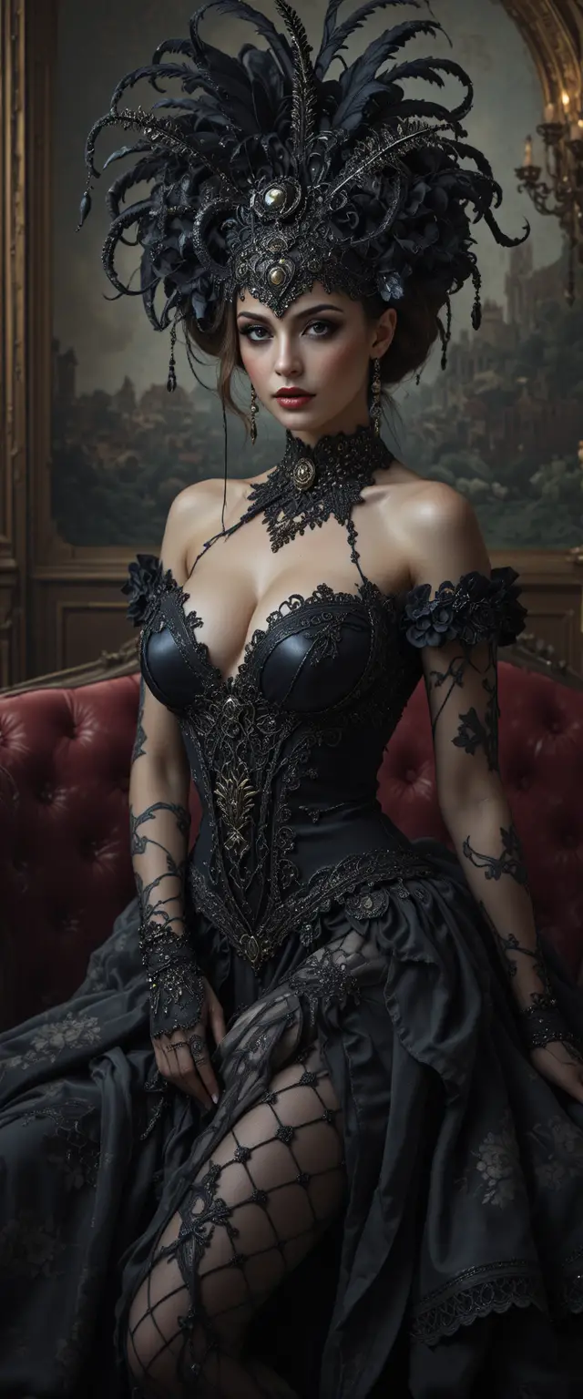Baroque gothic fantasy woman lounging in boudoir setting