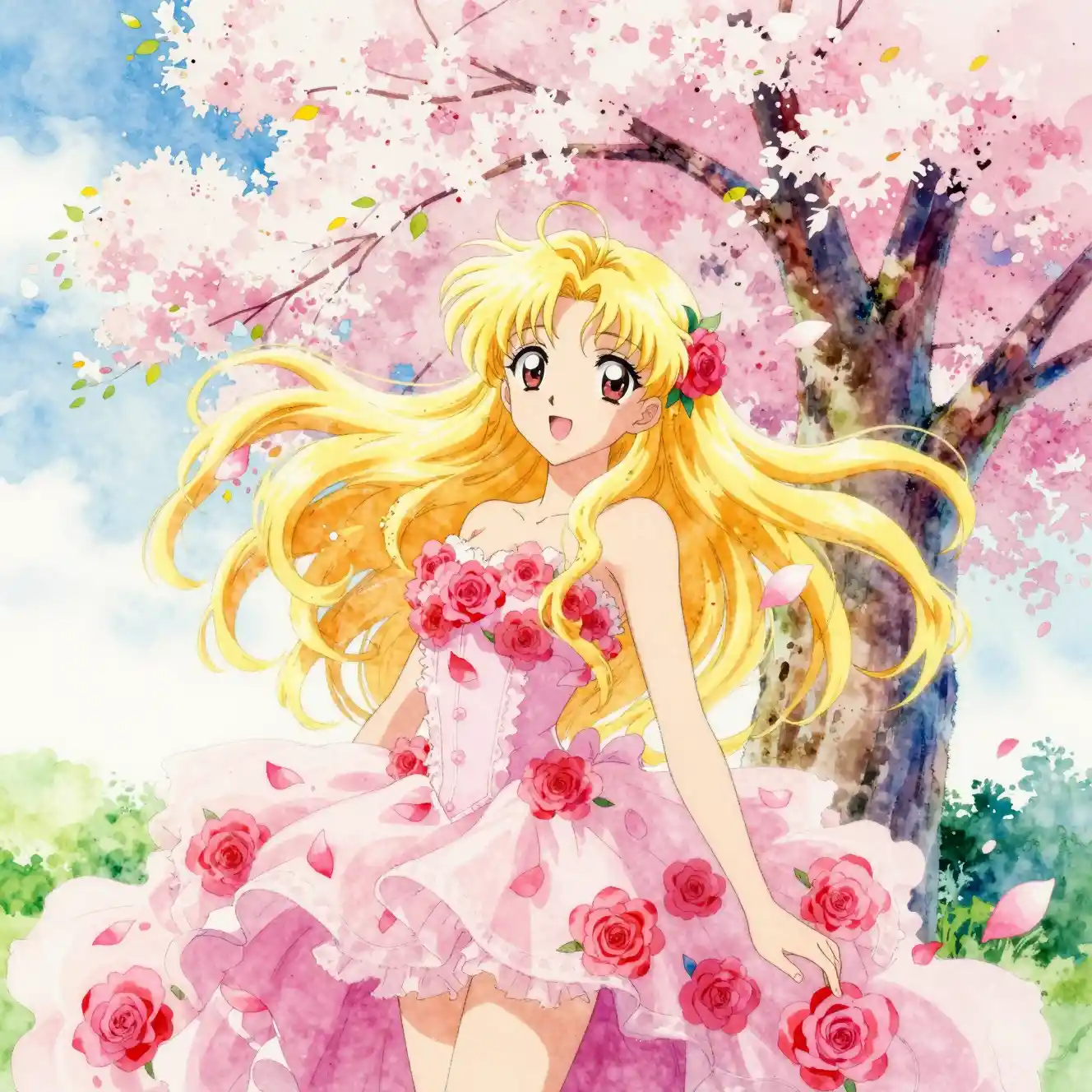 櫻花樹下玫瑰花瓣裙的金髮動漫美少女