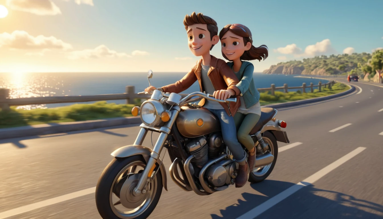 Boy and girl riding a motorcycle on a golden coast