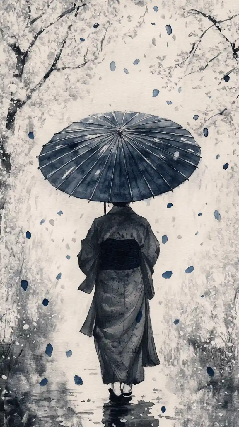 Lone Figure Under Umbrella In Falling Cherry Blossom Petals