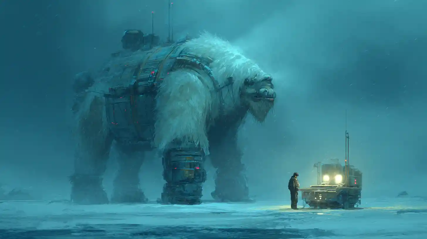 Gigante golem de neve cruzando uma vasta tormenta ártica