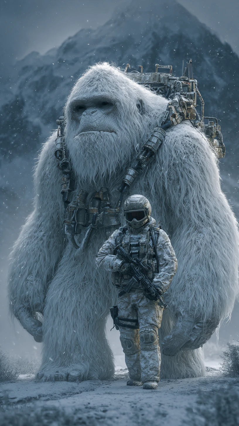 Cyber armored white yeti close up in a snowy mountain