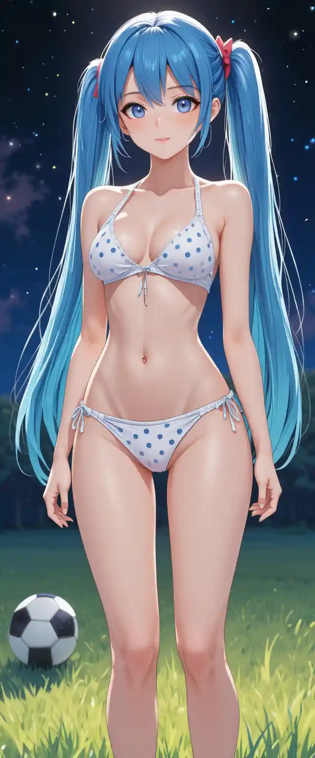 Blauhaariges Anime-Mädchen im Bikini auf nächtlichem Fußballfeld