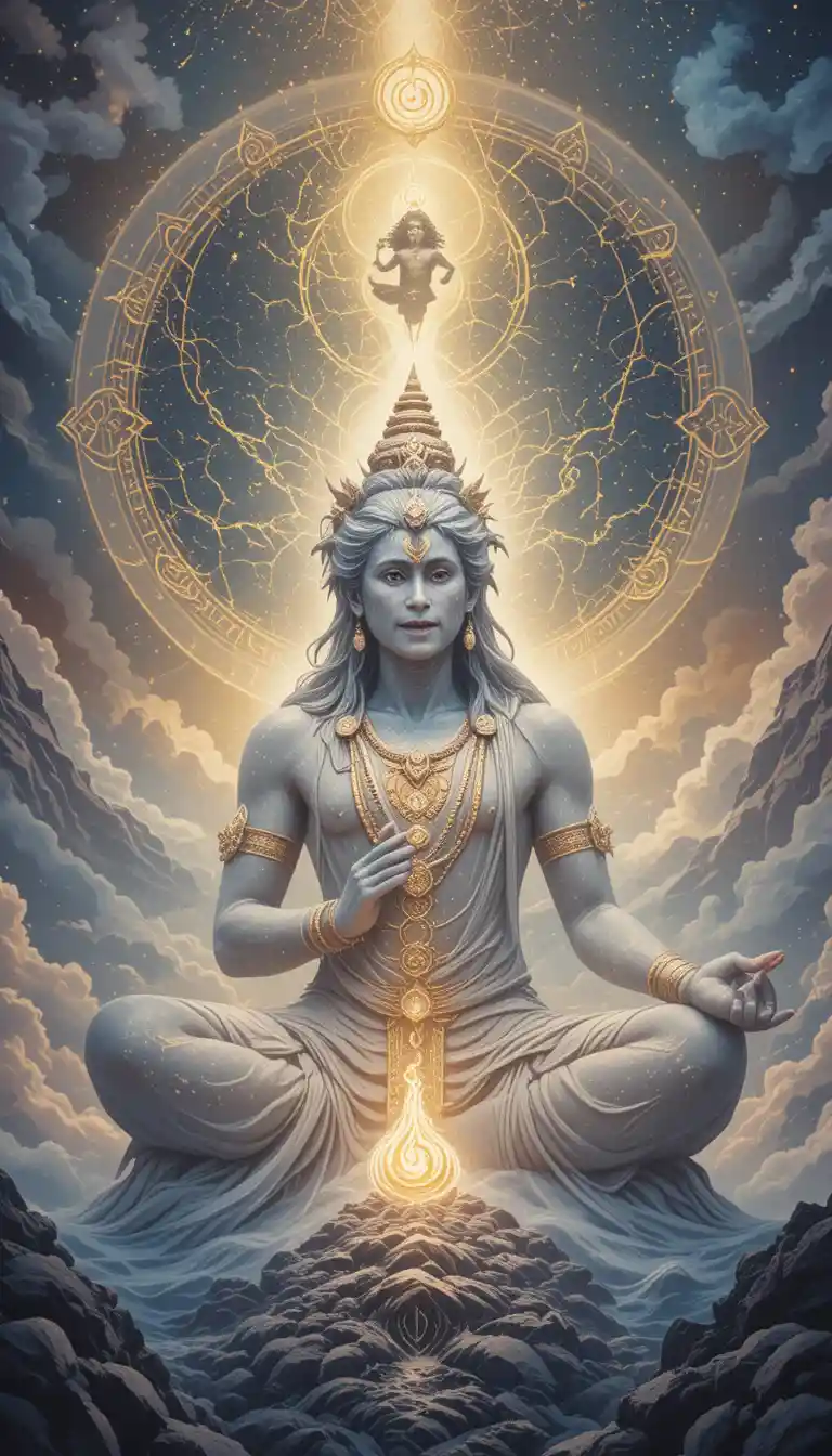 Serene Hindu deity meditating in a mystical landscape