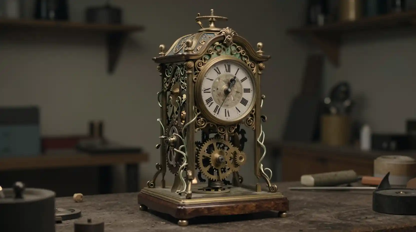 Automate à ressort art nouveau dans un atelier sombre
