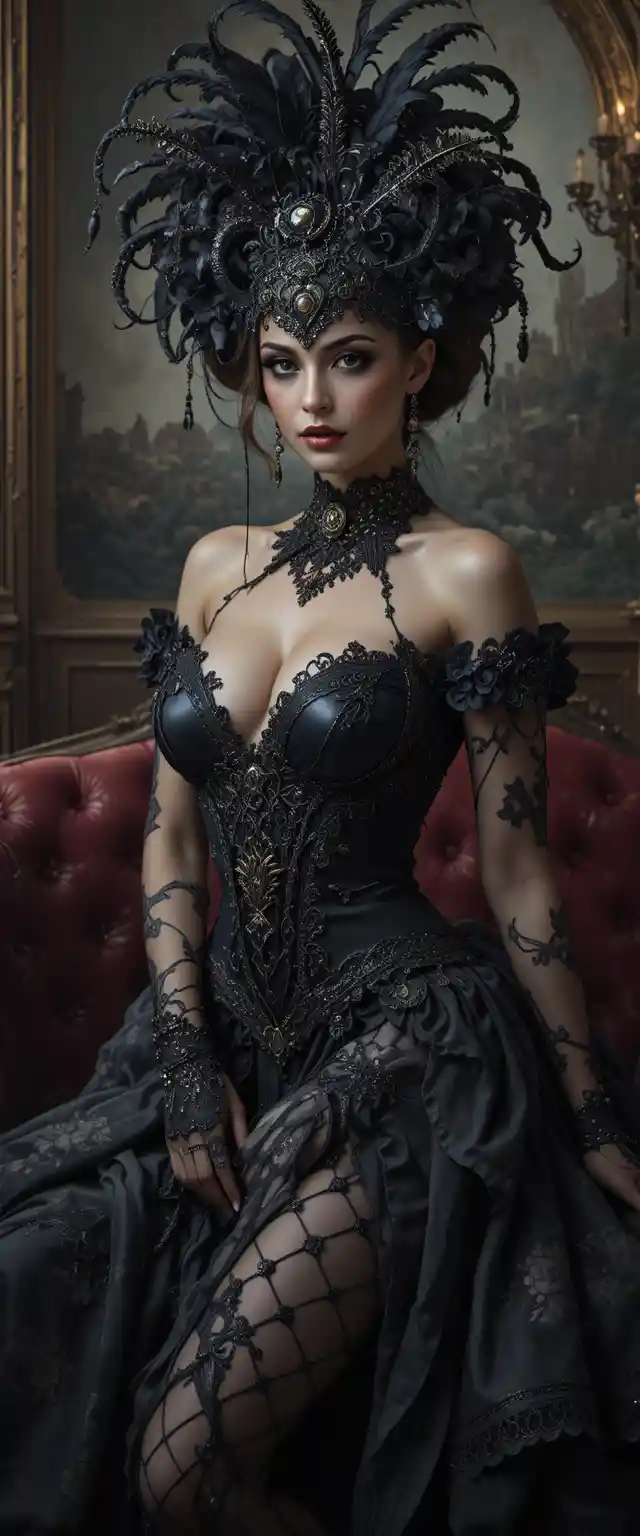 Baroque gothic fantasy woman lounging in boudoir setting