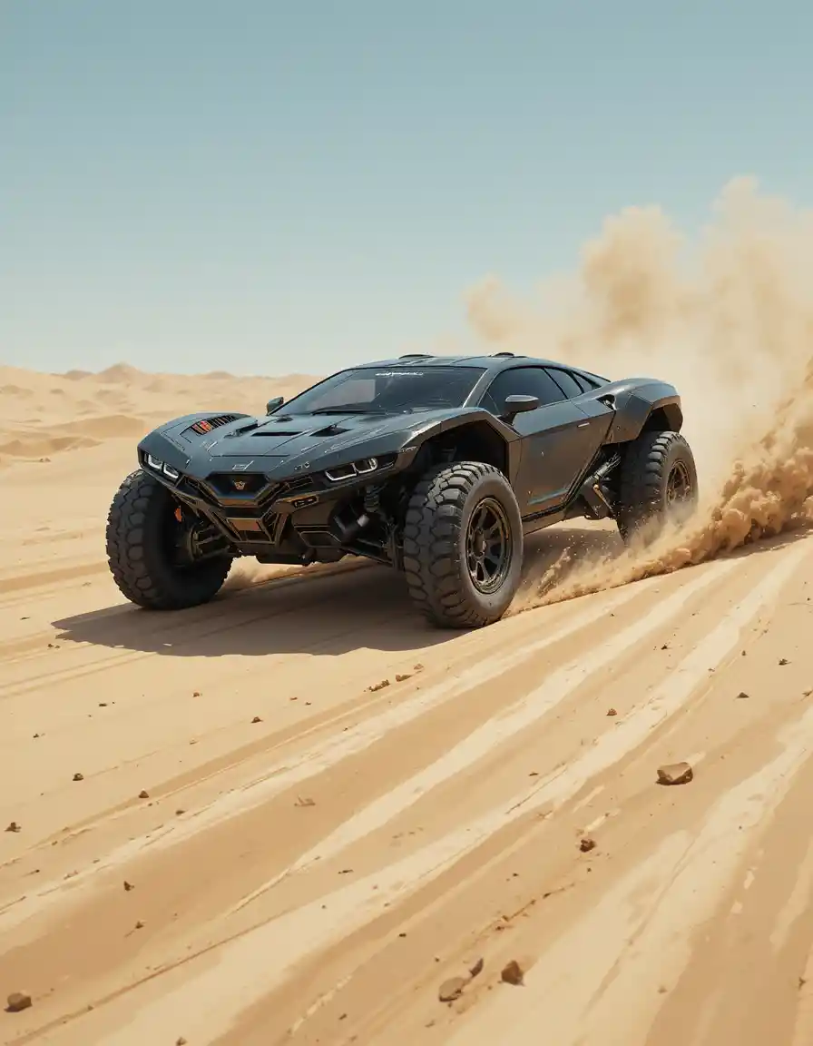Hypercar futuristica blindata che sfreccia attraverso un vasto deserto