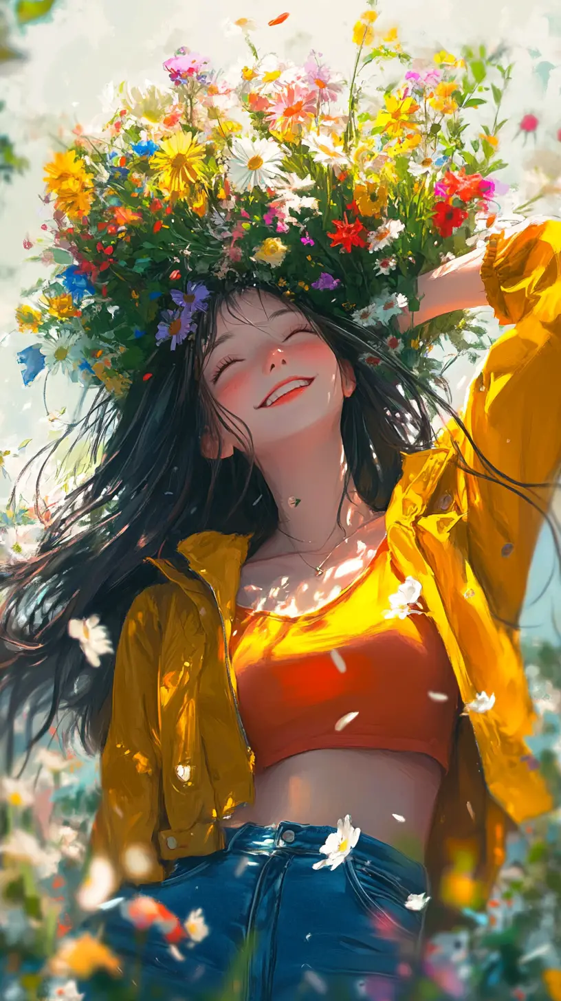 Anime girl balancing colorful flowers on her head