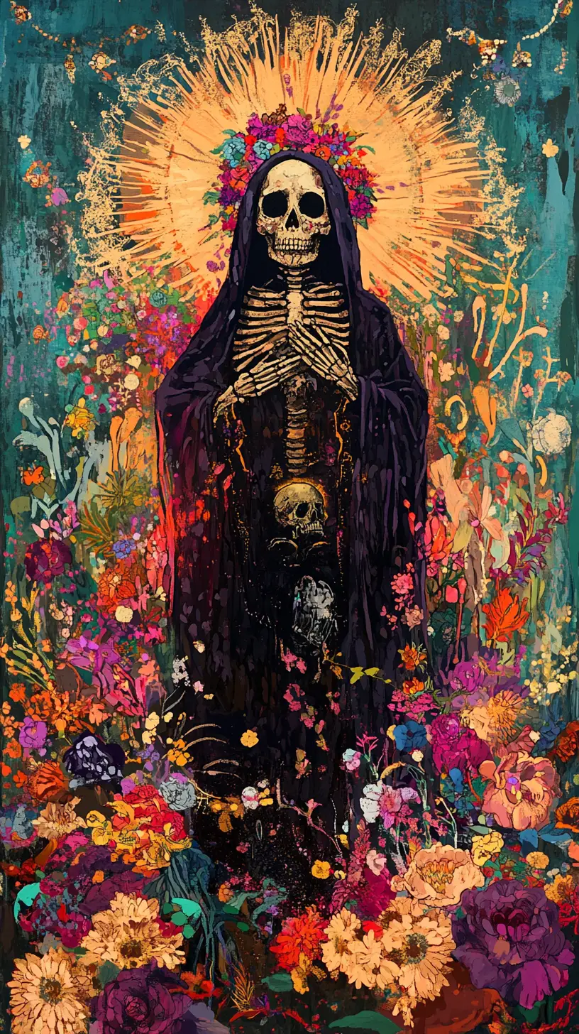 Sainte mystique de la mort entourée de fleurs et de symboles