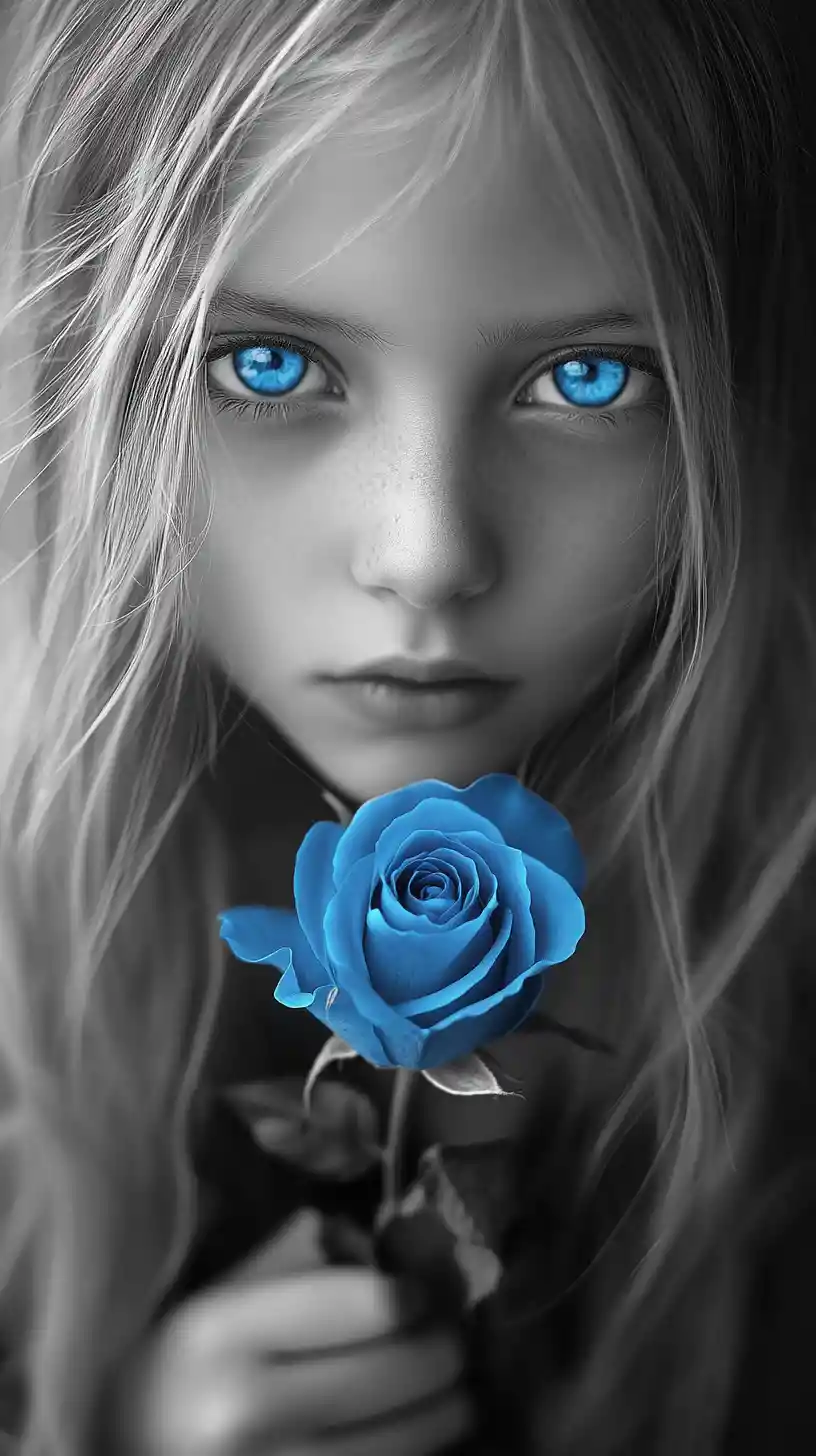 Melancholisches Mädchen mit blauen Augen, das eine einzelne blaue Rose hält