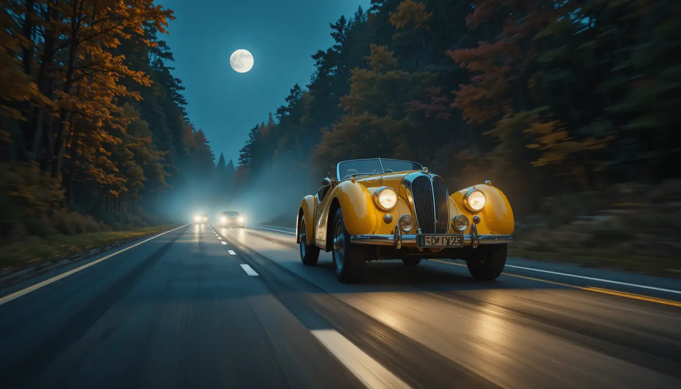 Vintage car racing down a moonlit forest highway
