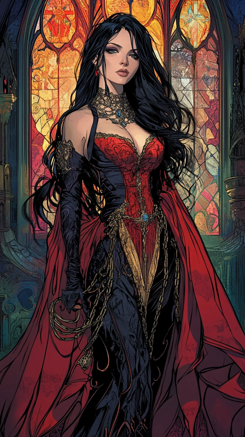 Victorian huntress in chains adorned gown before cathedral