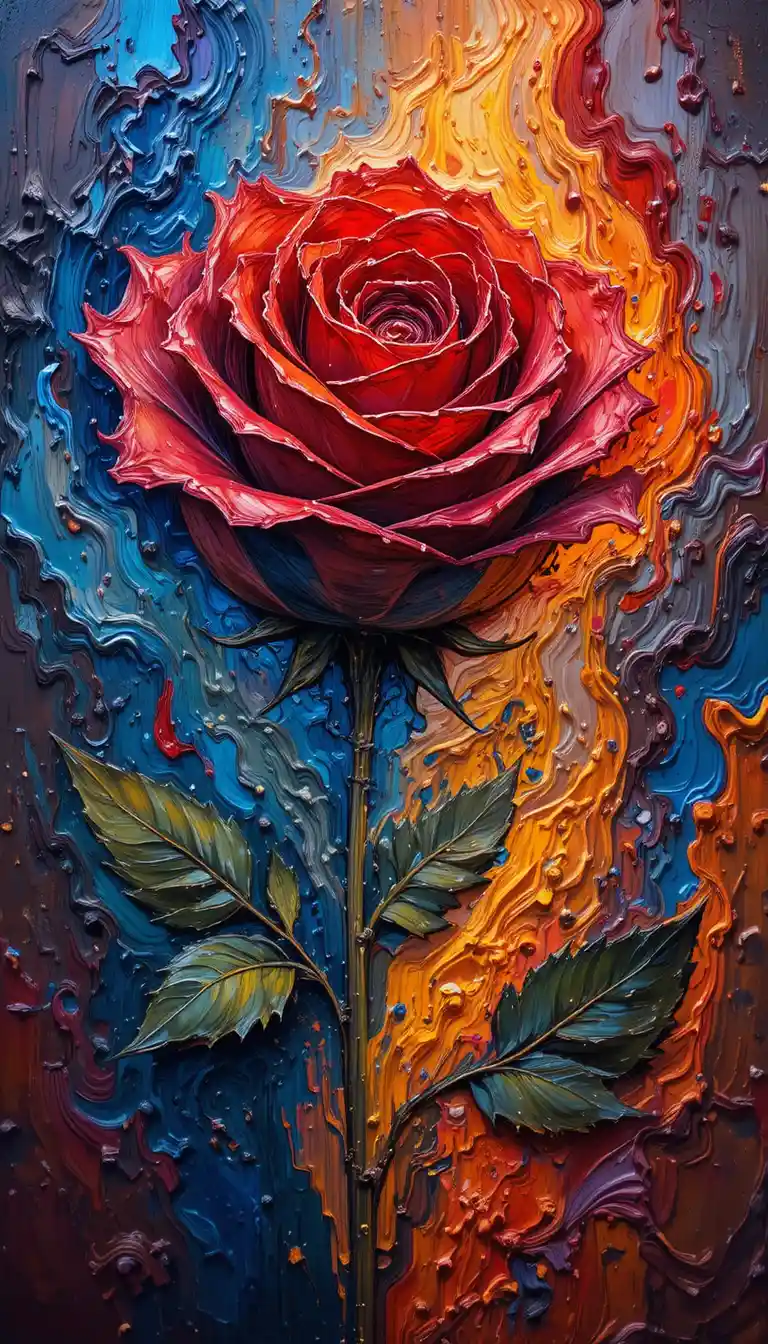 Fiery Red Rose Painted In Thick Impasto Strokes