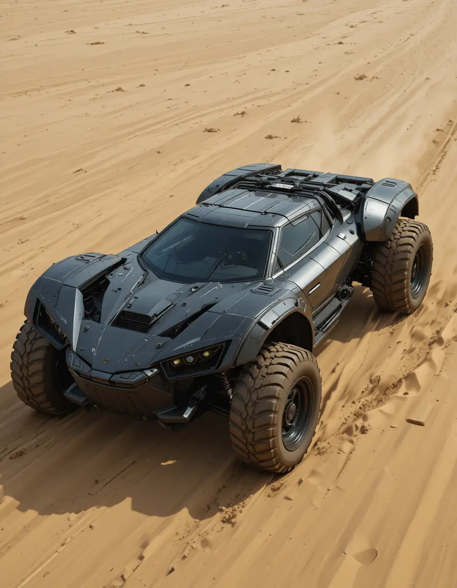 Armored futuristic hypercar racing across a desert landscape