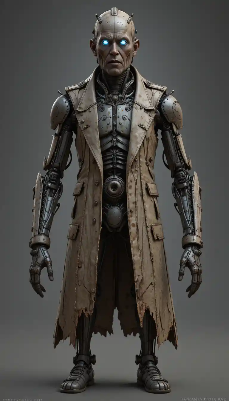Rostiger humanoider Roboter im langen Mantel – Character Sheet