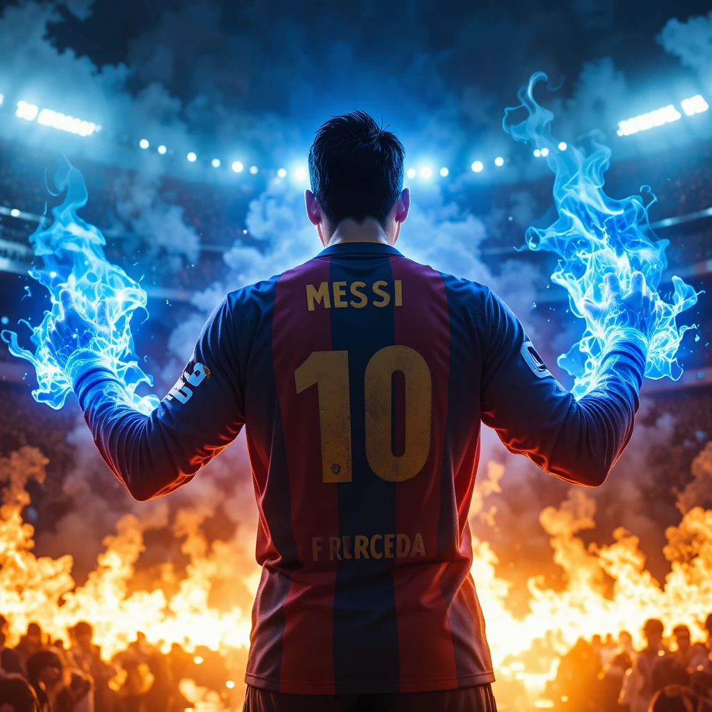 Herói do futebol com poderes psíquicos azuis e fogo ao redor