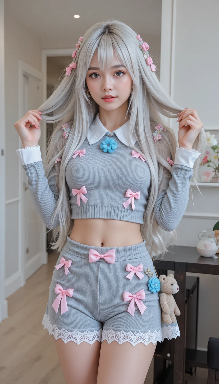 Woman in gray knit crop top in modern interior