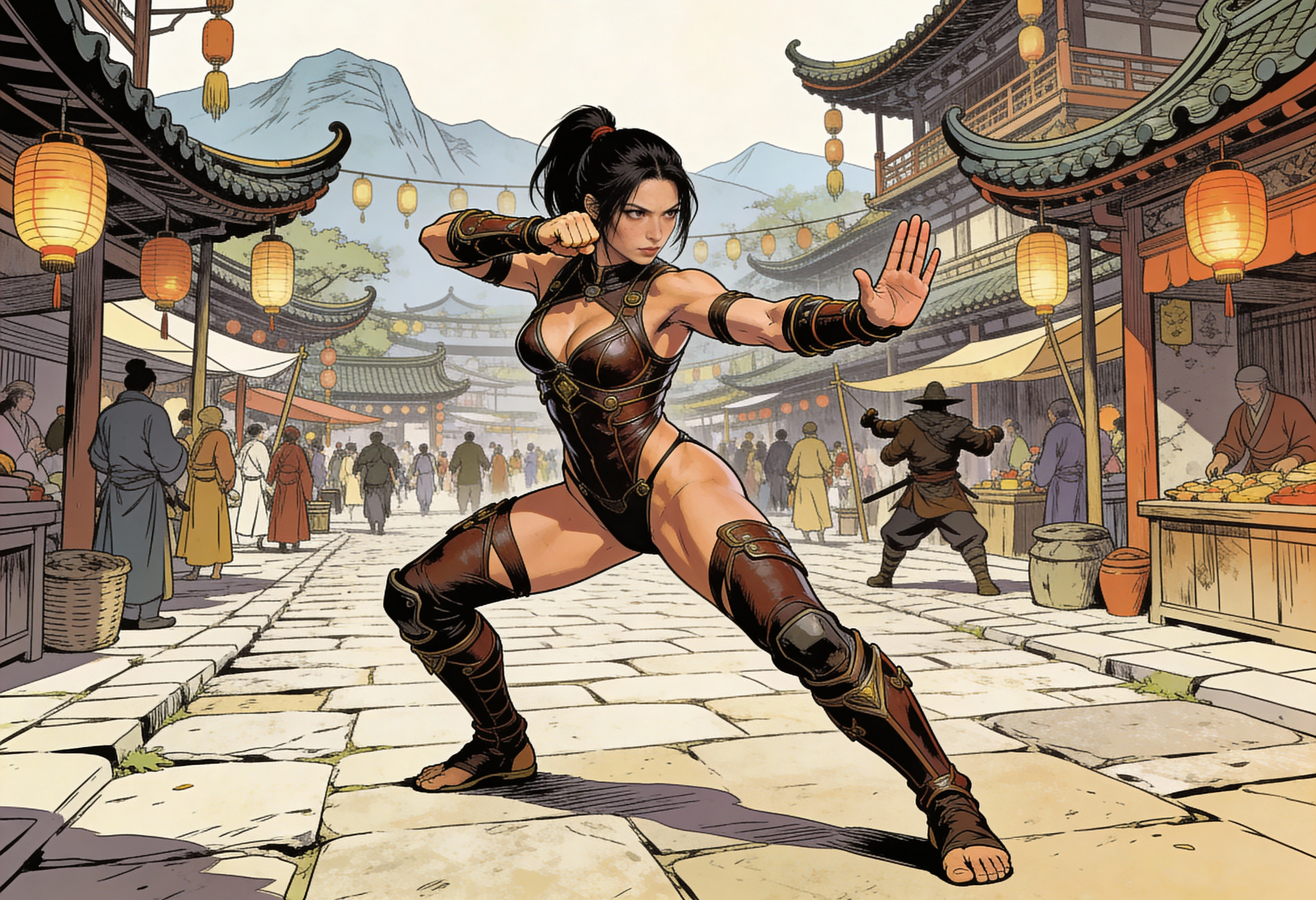 Female martial artist in a medieval Asian village street