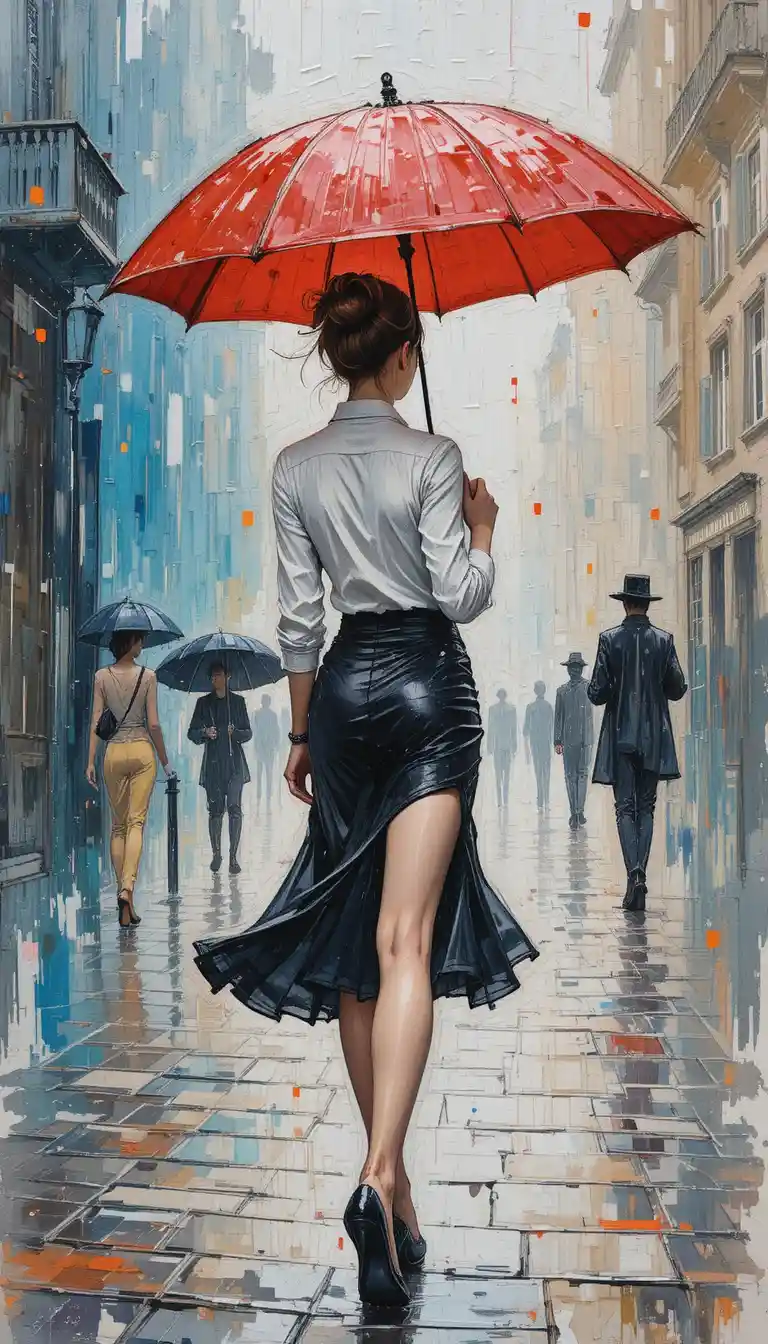 Femme élégante avec parapluie rouge dans une rue de ville sous la pluie