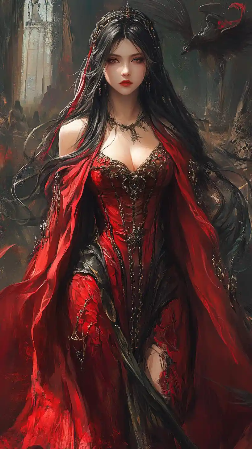 Victorian huntress in chains adorned gown before cathedral
