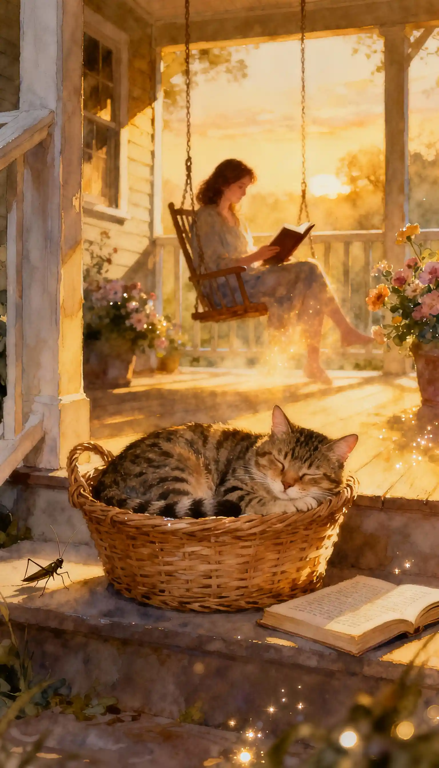 Chat tigré dormant dans un panier en osier au coucher du soleil