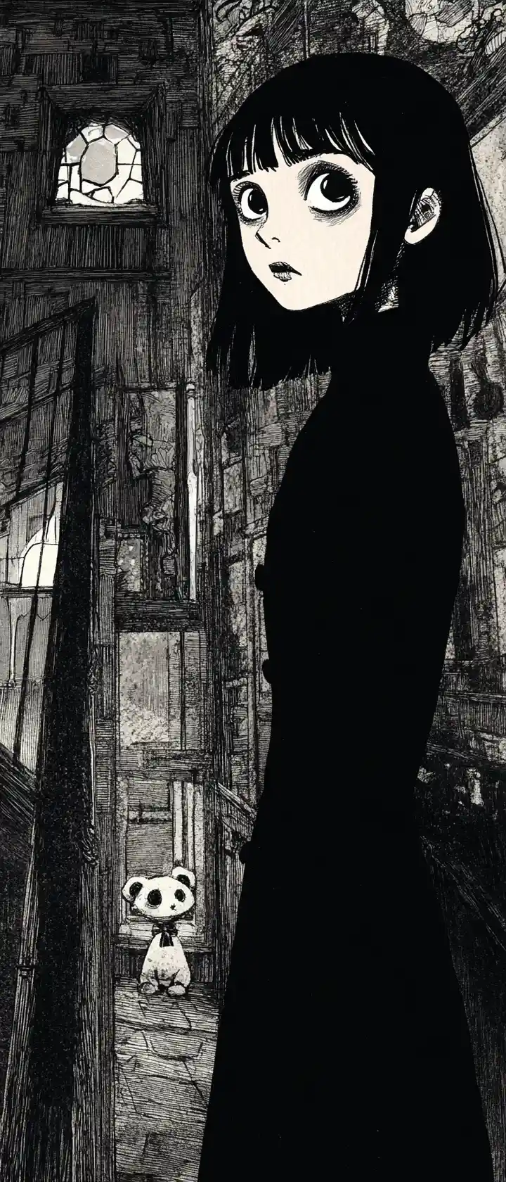 Anime girl in a shadowy attic with a worn teddy bear