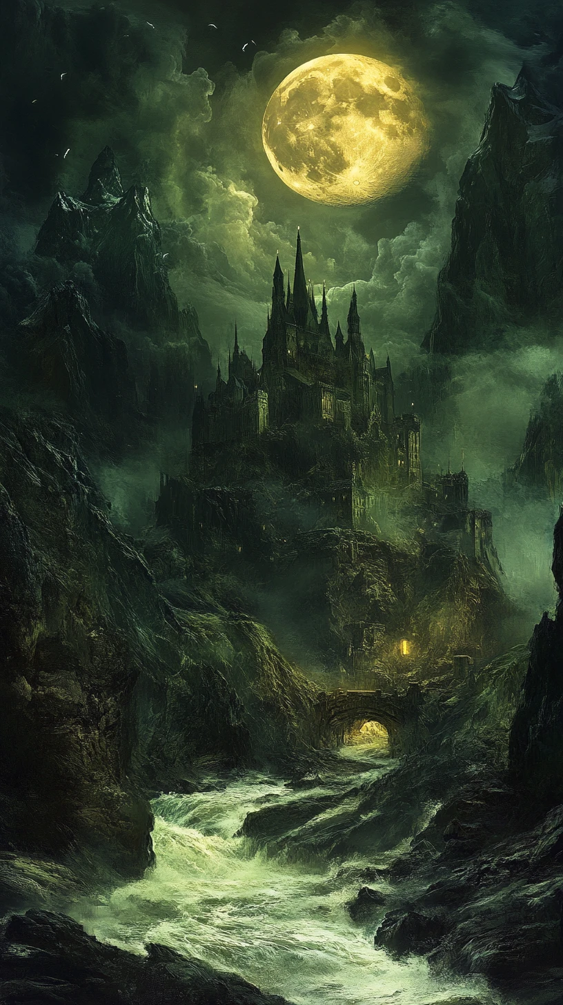 Fairytale castle at night by moonlit rushing river
