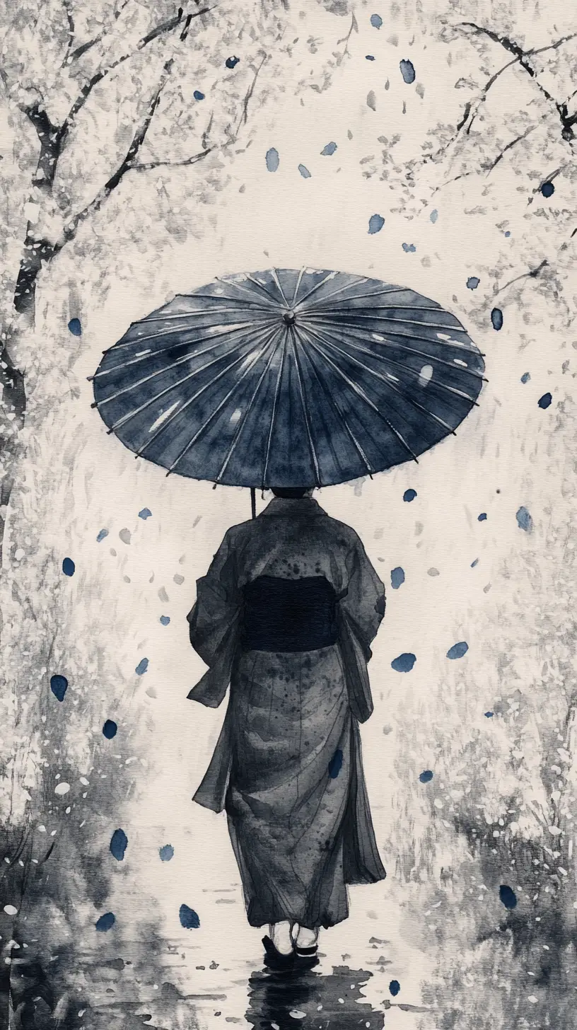 Lone Figure Under Umbrella In Falling Cherry Blossom Petals