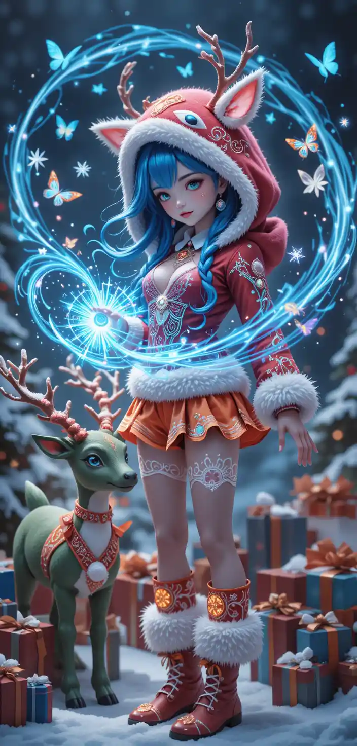 Magical reindeer girl casting runes amid glowing snowflakes