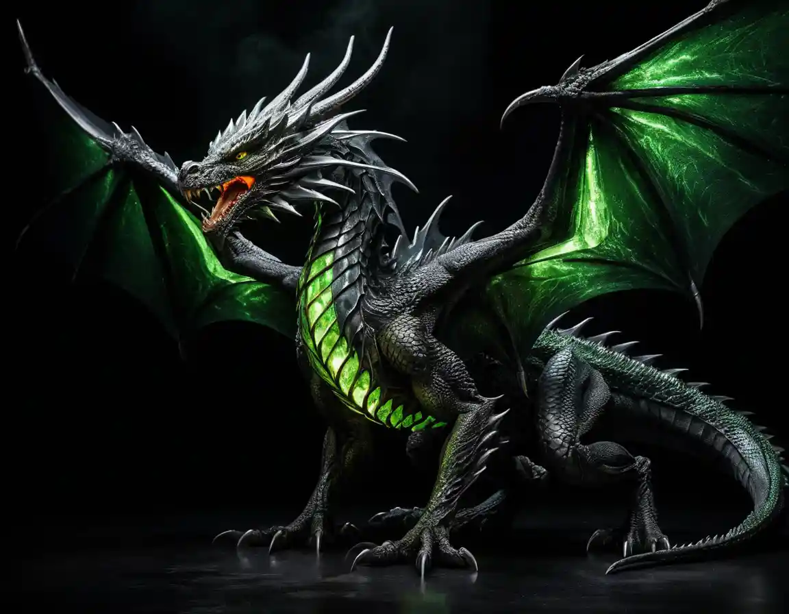 Metallic dragon with glowing green markings in smoke