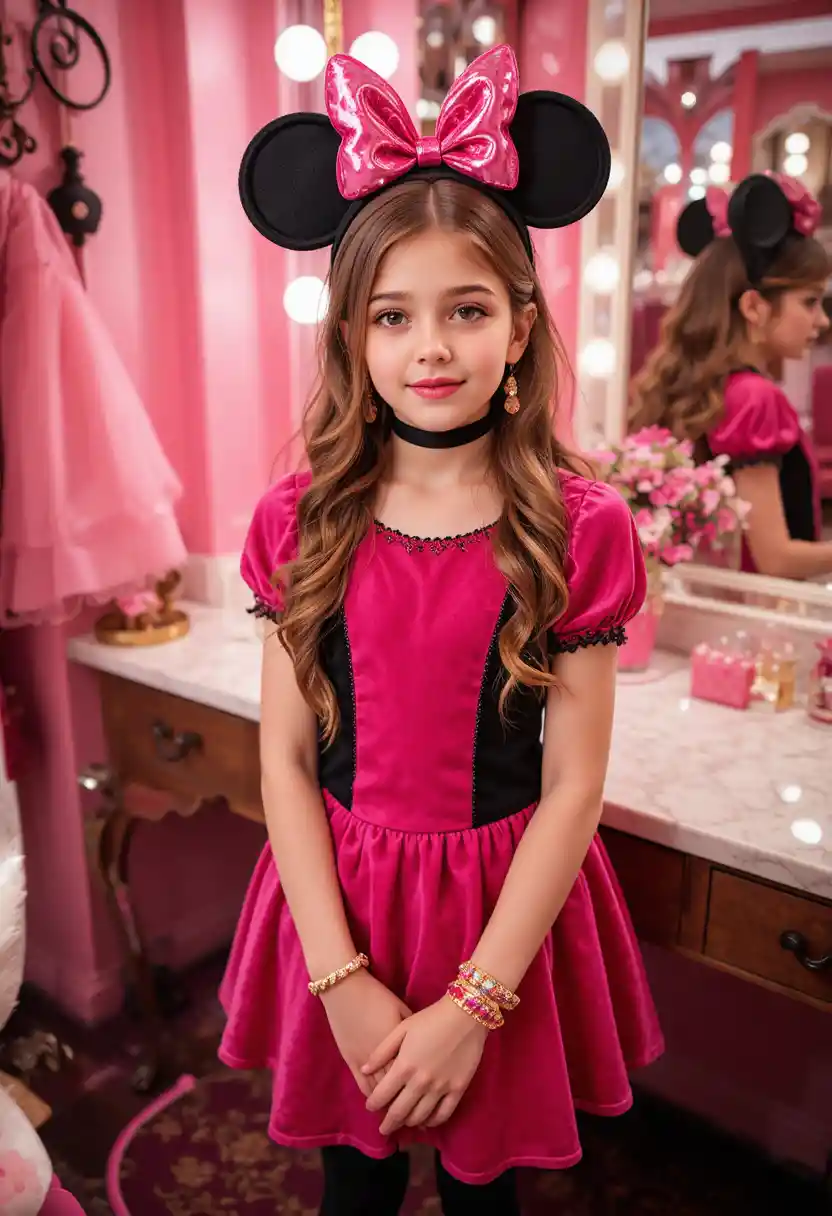 Tween boy in pink Minnie Mouse dress at boutique vanity