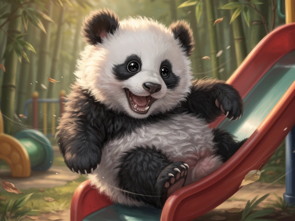 Baby panda sliding down a colorful playground slide