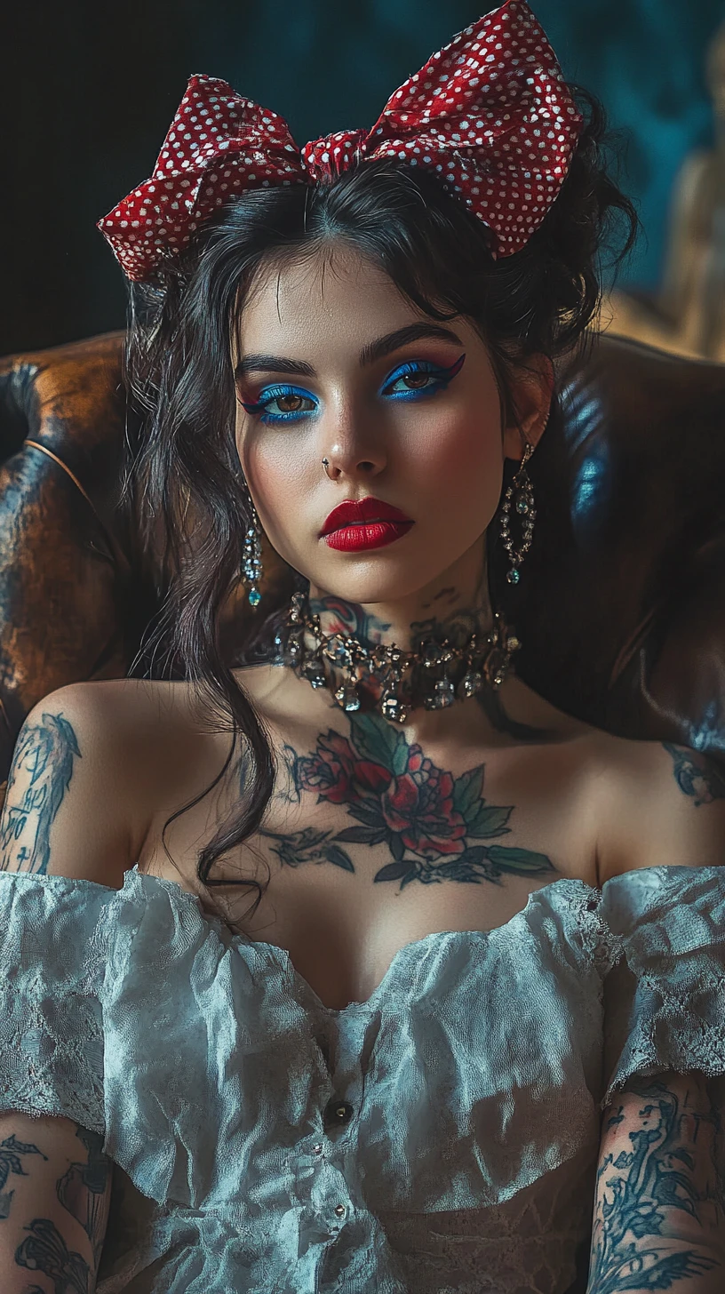 Tattooed woman with ornate bow in leather chair portrait