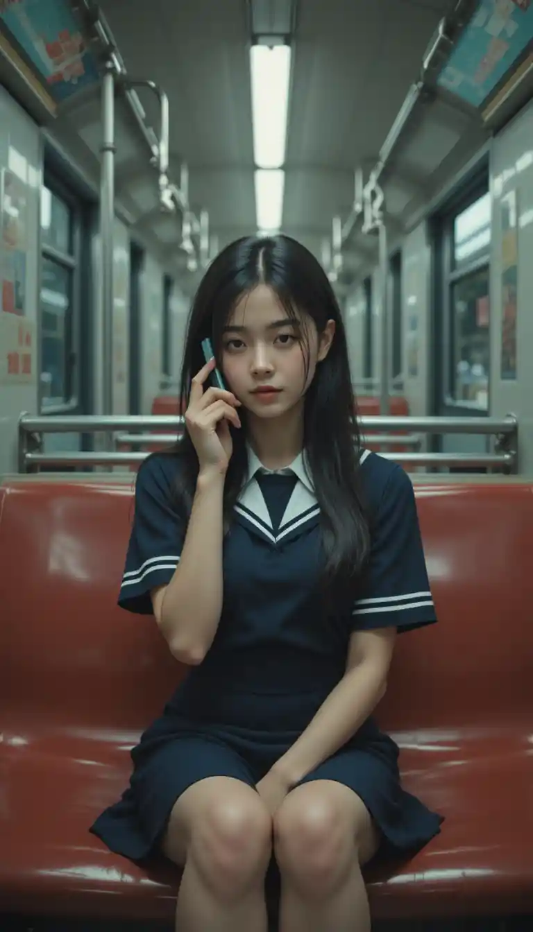 Young woman in school uniform on a nostalgic train