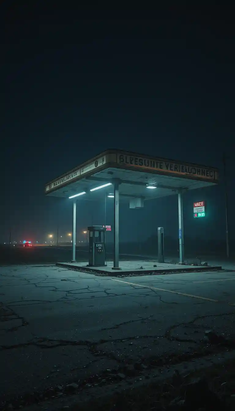 Einsame ländliche Tankstelle in der Nacht auf nebliger Landstraße