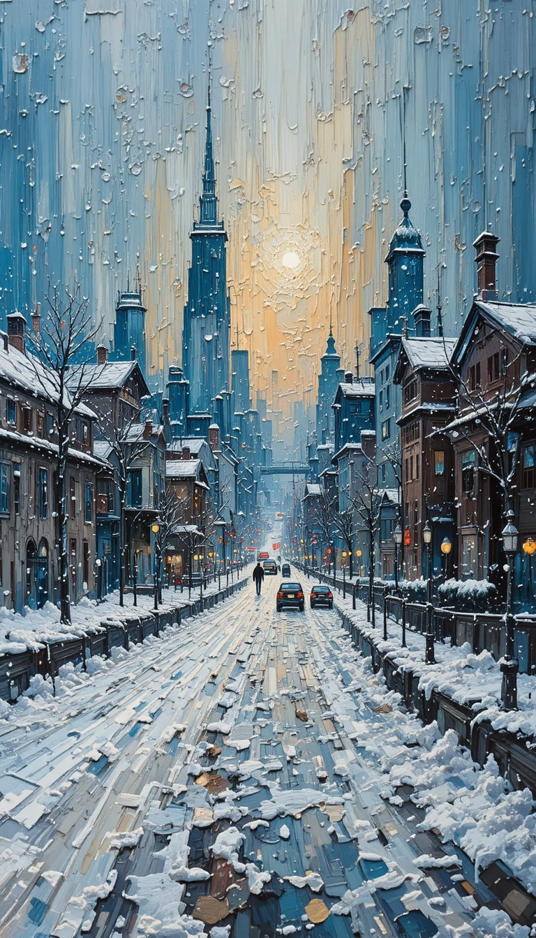 厚塗油彩筆觸描繪的雪夜城市景觀