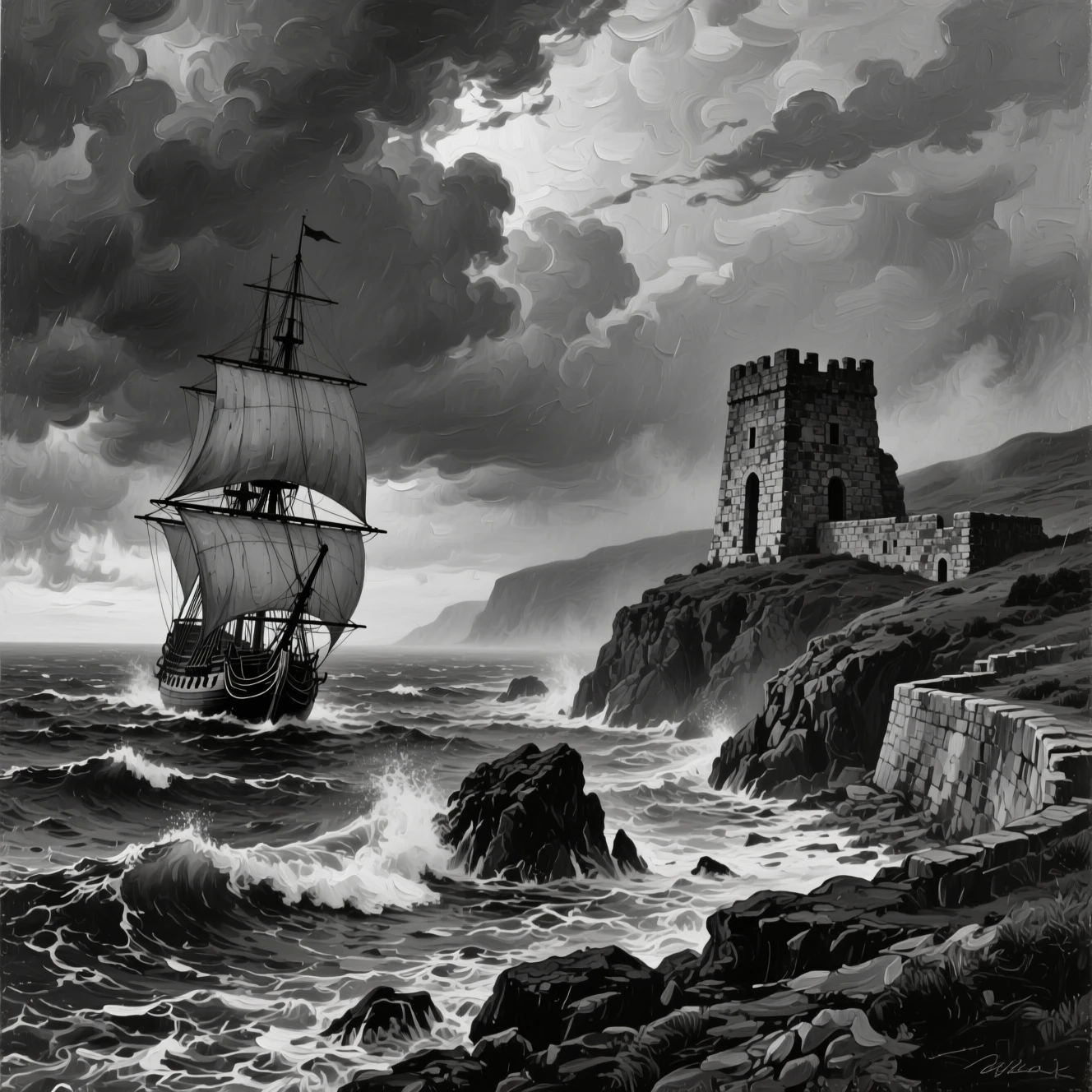 Historic sailing ship in stormy sea near rocky coastline