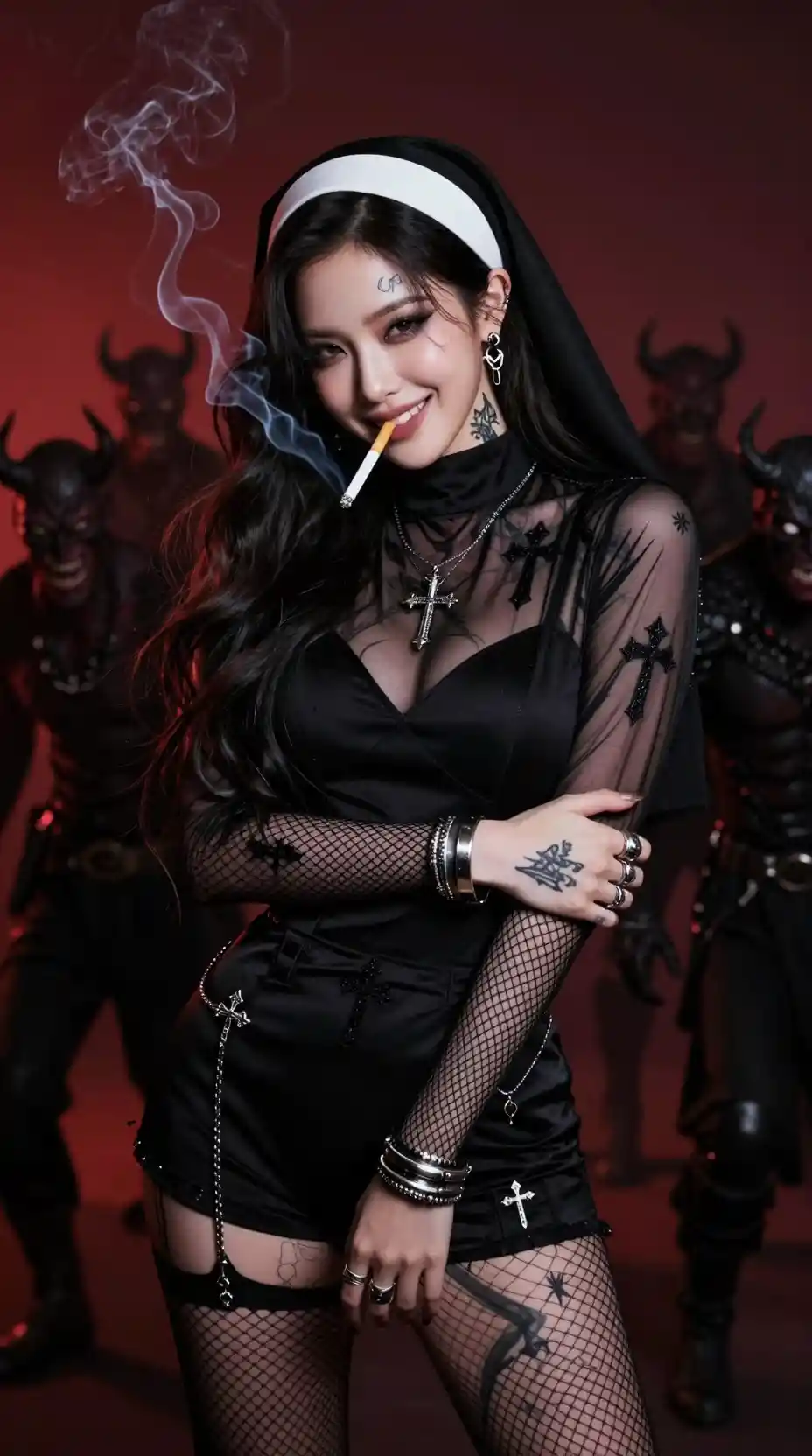 Korean woman in sheer nun habit with cigarette and tattoos
