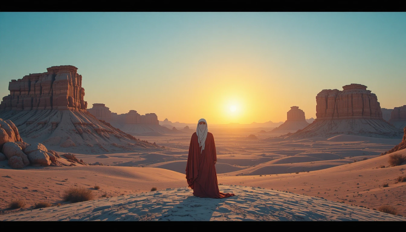 Lonely bedouin watching a vast fantasy desert at sunset