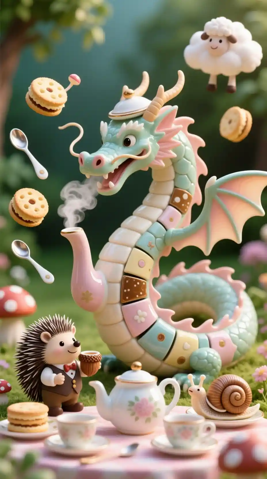 Coiled Teapot Dragon Hosting A Whimsical Garden Tea Party