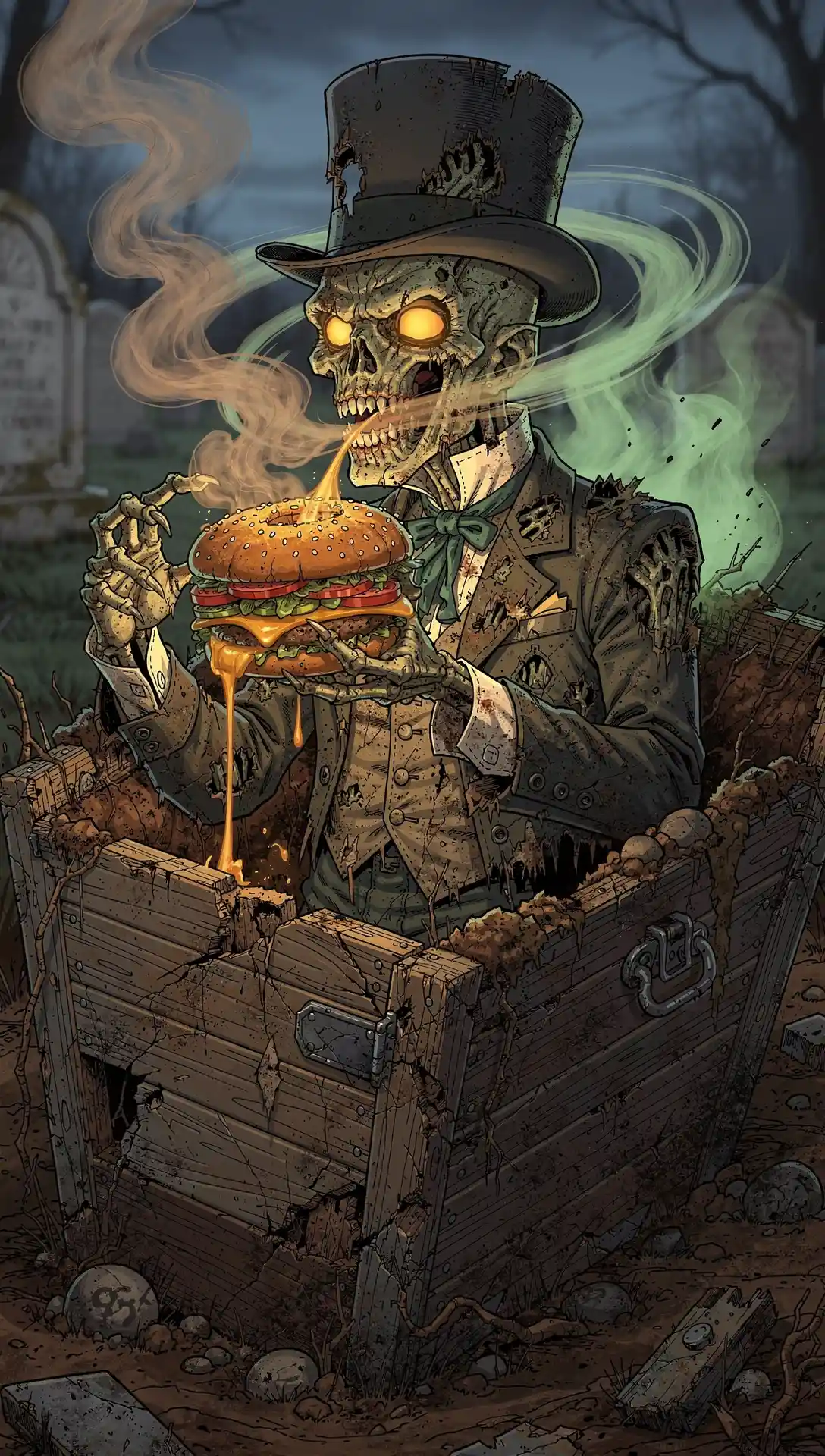 Cartoon zombie in a coffin eating a juicy cheeseburger