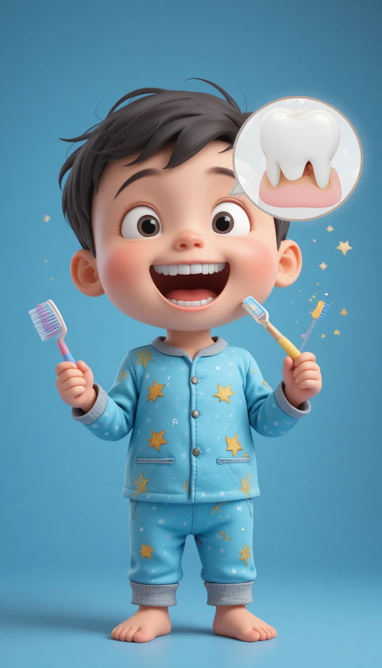 Kind hält Lutscher und Zahnbürste in 3D-Zahnillustration