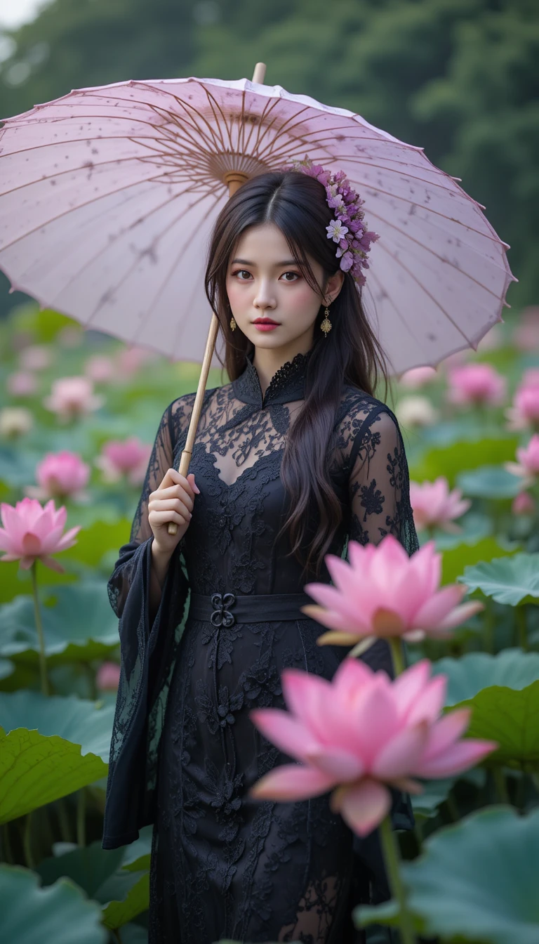 Elegant woman with parasol in blooming lotus garden
