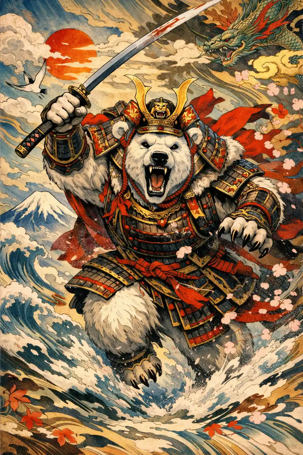 Armored polar bear warrior in dynamic japanese fantasy scene