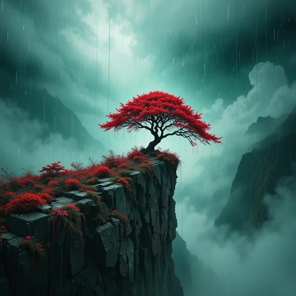 Arbre rouge solitaire sur une falaise rocheuse en pleine tempête