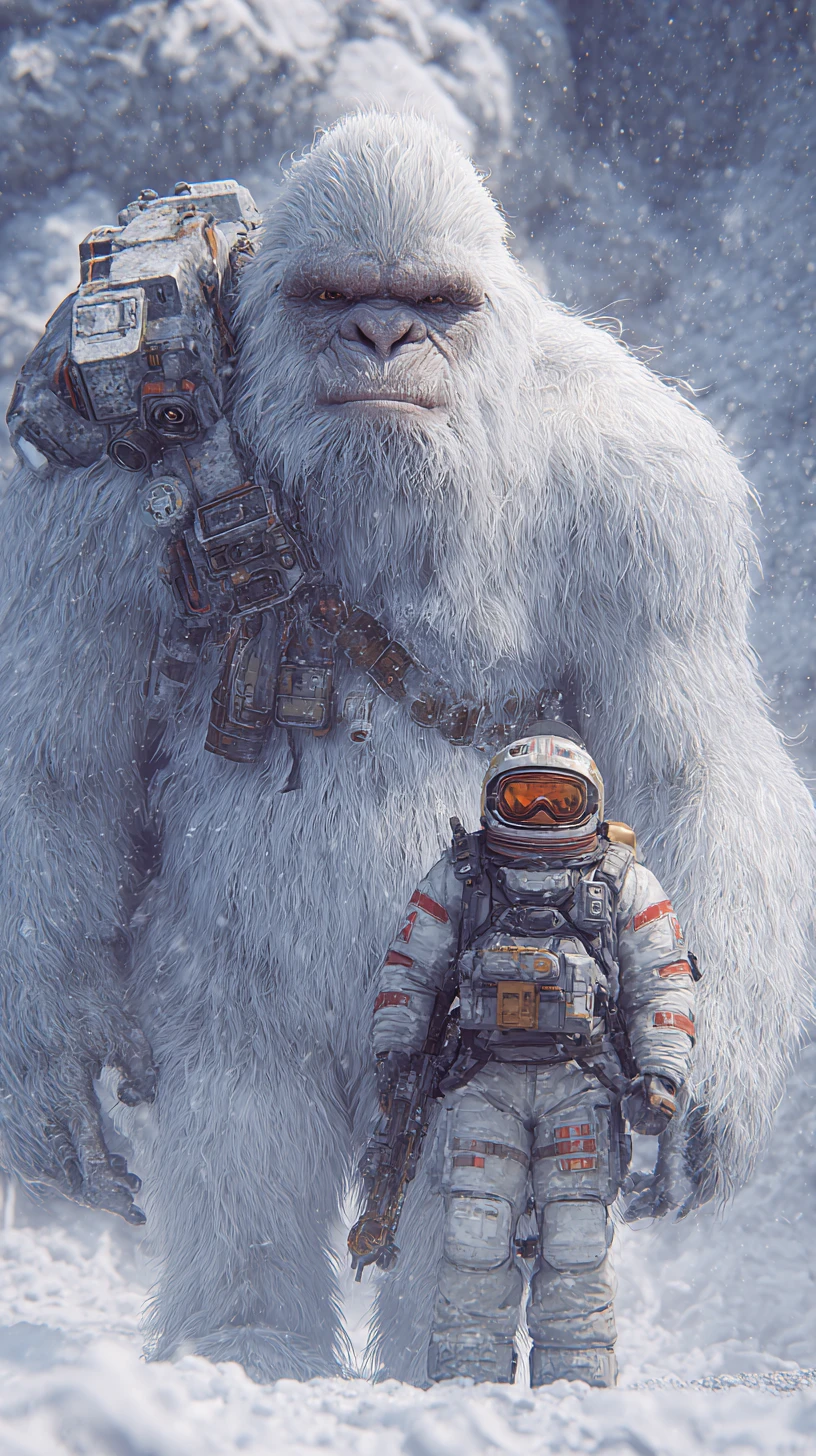 Cyber armored white yeti close up on frozen world