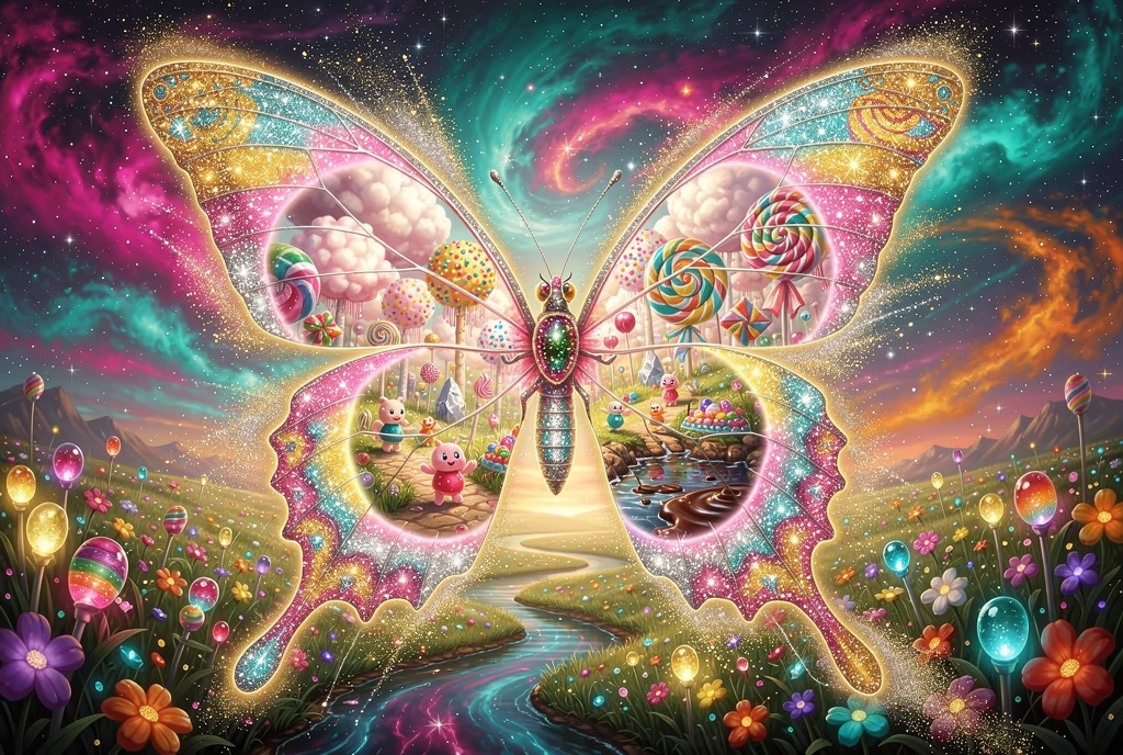 Surrealer kosmischer Schmetterling mit verzaubertem Bonbonwald-Portal