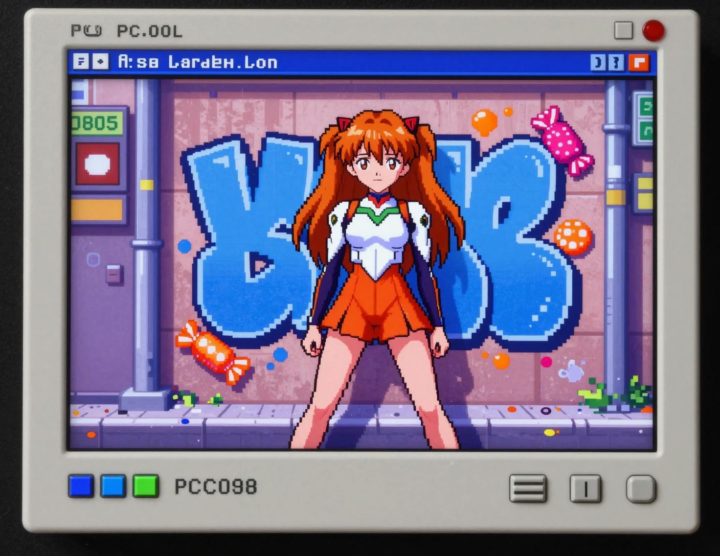 Anime girl spraying graffiti on a retro pixel game street