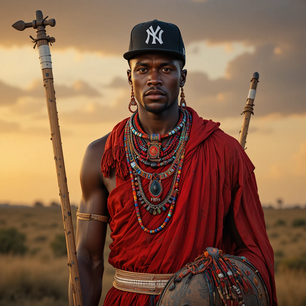 Tall Maasai warrior in red shuka on savanna at sunset