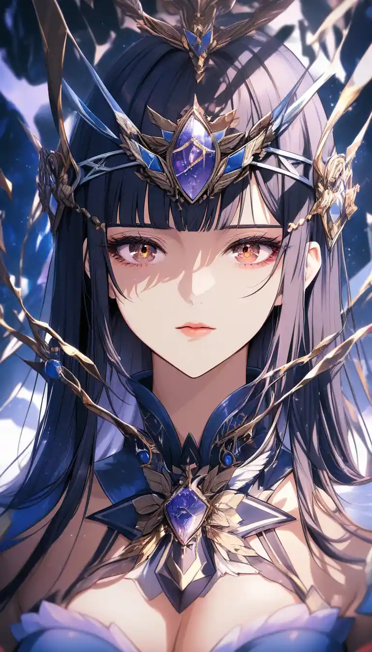 Close up anime girl face with dark straight hair